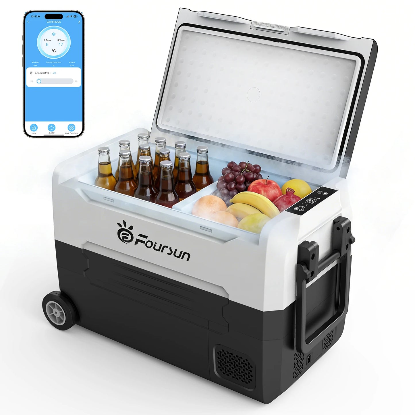 Foursun Kompressor-Kühlbox mit App | Starke Kühlung für Auto & Camping