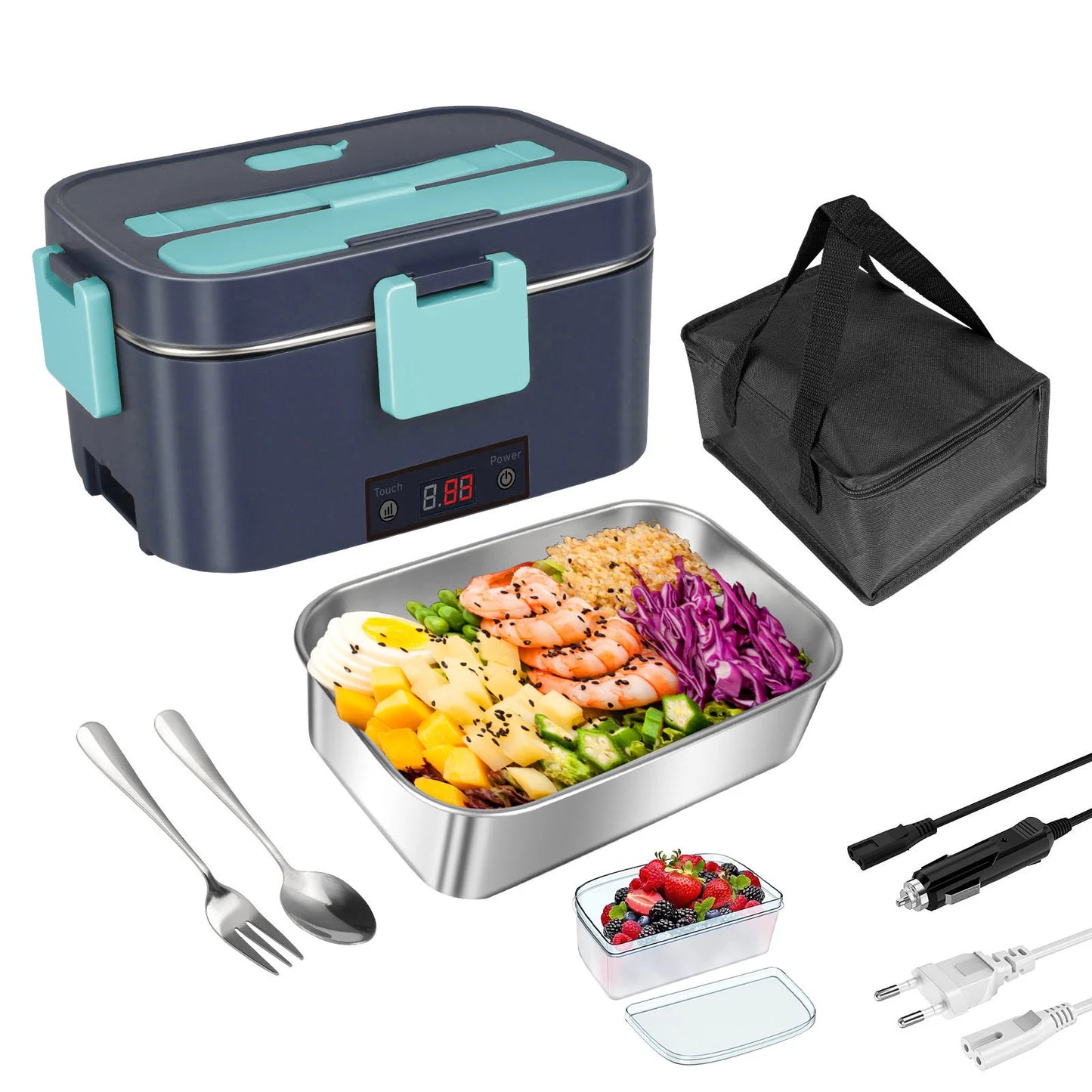 2-in-1 Elektrische Lunchbox – Auslaufsicherer Lebensmittelwärmer, Tragbar, 1.5/2/2.5 L, Edelstahlbehälter & Schnellheizsystem