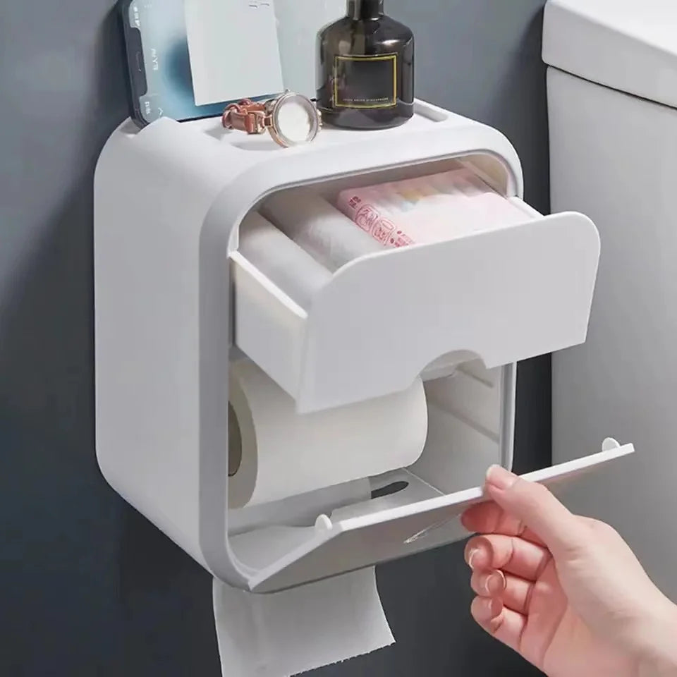 Wasserdichter Toilettenpapierhalter mit Box – Wandmontierte Staubschutz Aufbewahrung