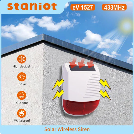 Staniot Drahtlose Solar-Außensirene – 110 dB Strobe Alarm, Wasserdicht, Kompatibel mit Tuya Smart Home & WiFi/GSM Alarmsystemen
