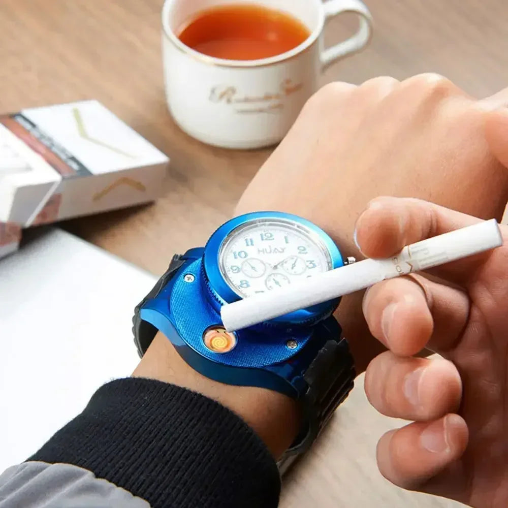 Elegante Herren Armbanduhr mit integriertem USB-Feuerzeug aus Metall