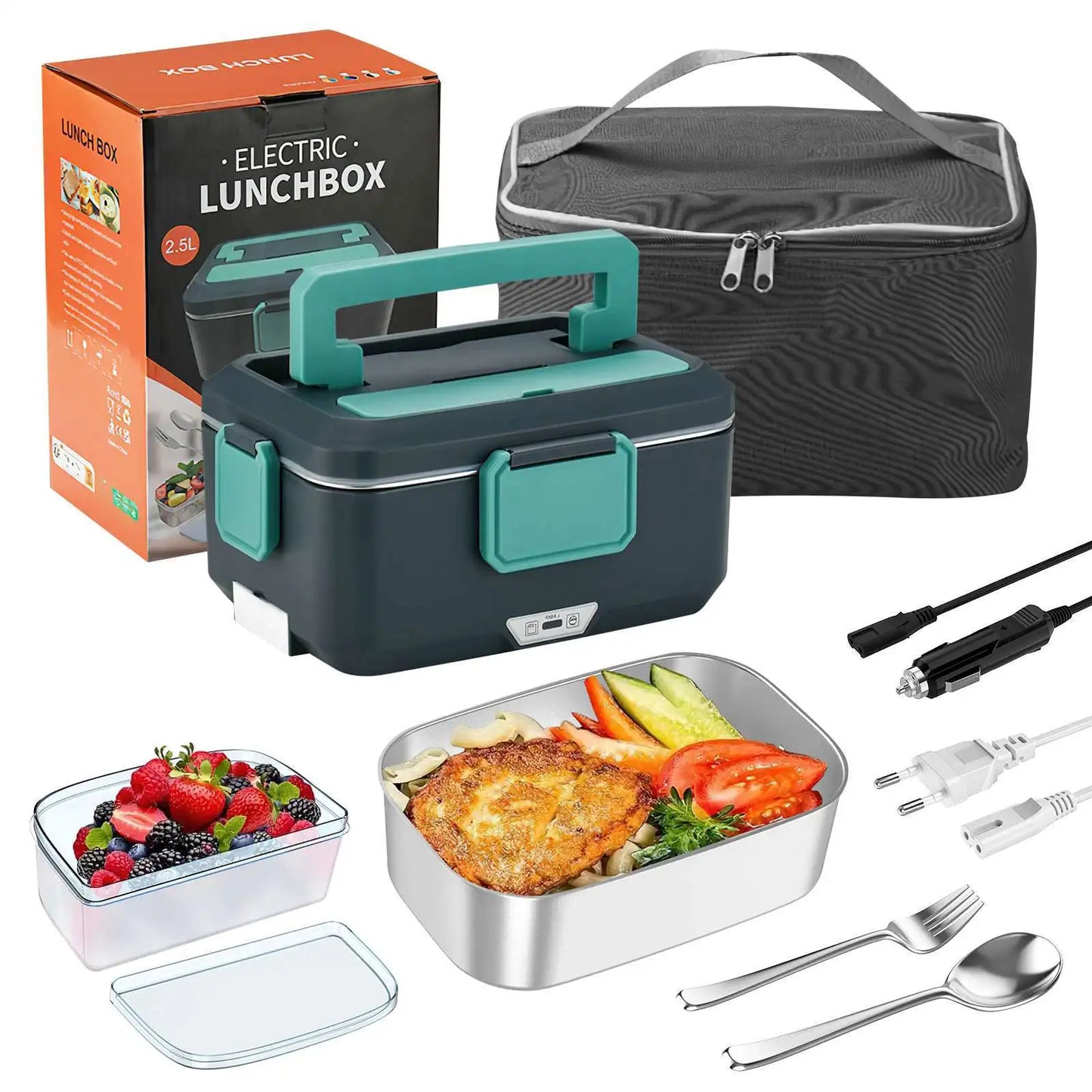 2-in-1 Elektrische Lunchbox – Auslaufsicherer Lebensmittelwärmer, Tragbar, 1.5/2/2.5 L, Edelstahlbehälter & Schnellheizsystem
