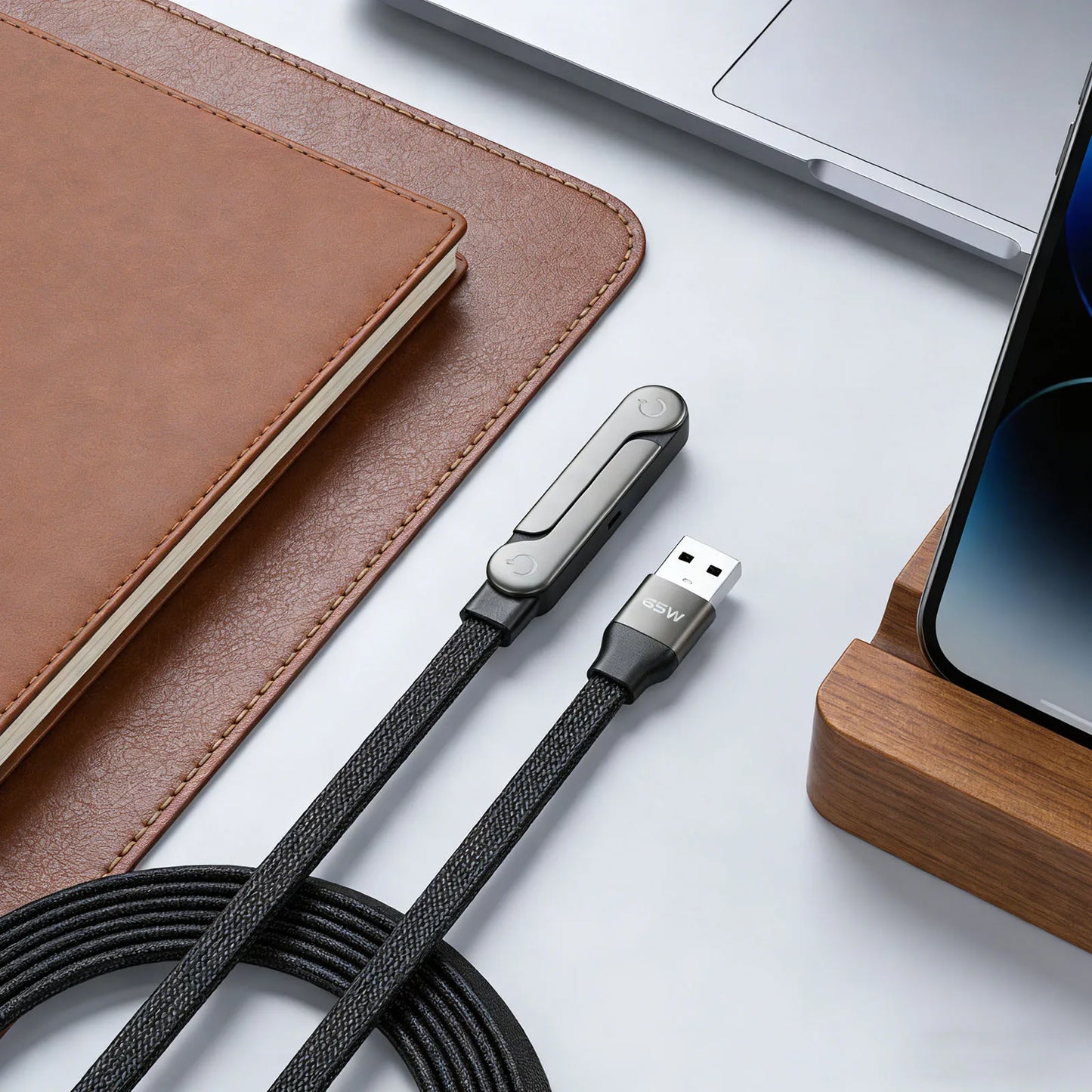 240W Schnellladekabel mit Faltbarem Handyhalter – 360° Drehbarer USB-C Ständer