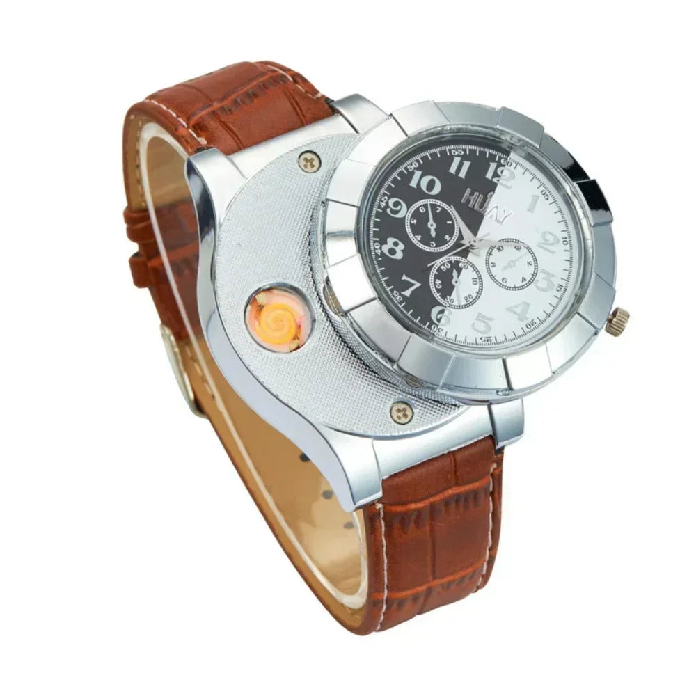 Elegante Herren Armbanduhr mit integriertem USB-Feuerzeug aus Metall
